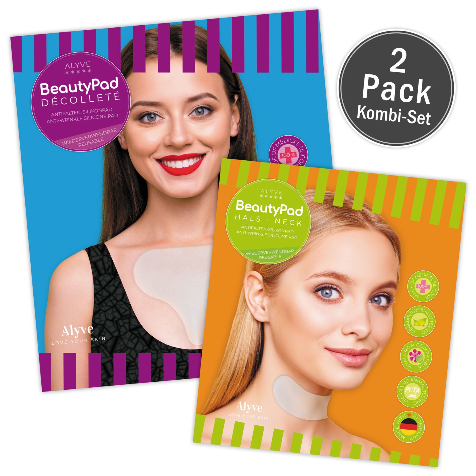Alyve BeautyPad DYNAMIC DUO #1 | 1 Stück DÉCOLLETÉ + 1 Stück HALS Antifalten-Silikonpads im Kombi-Set