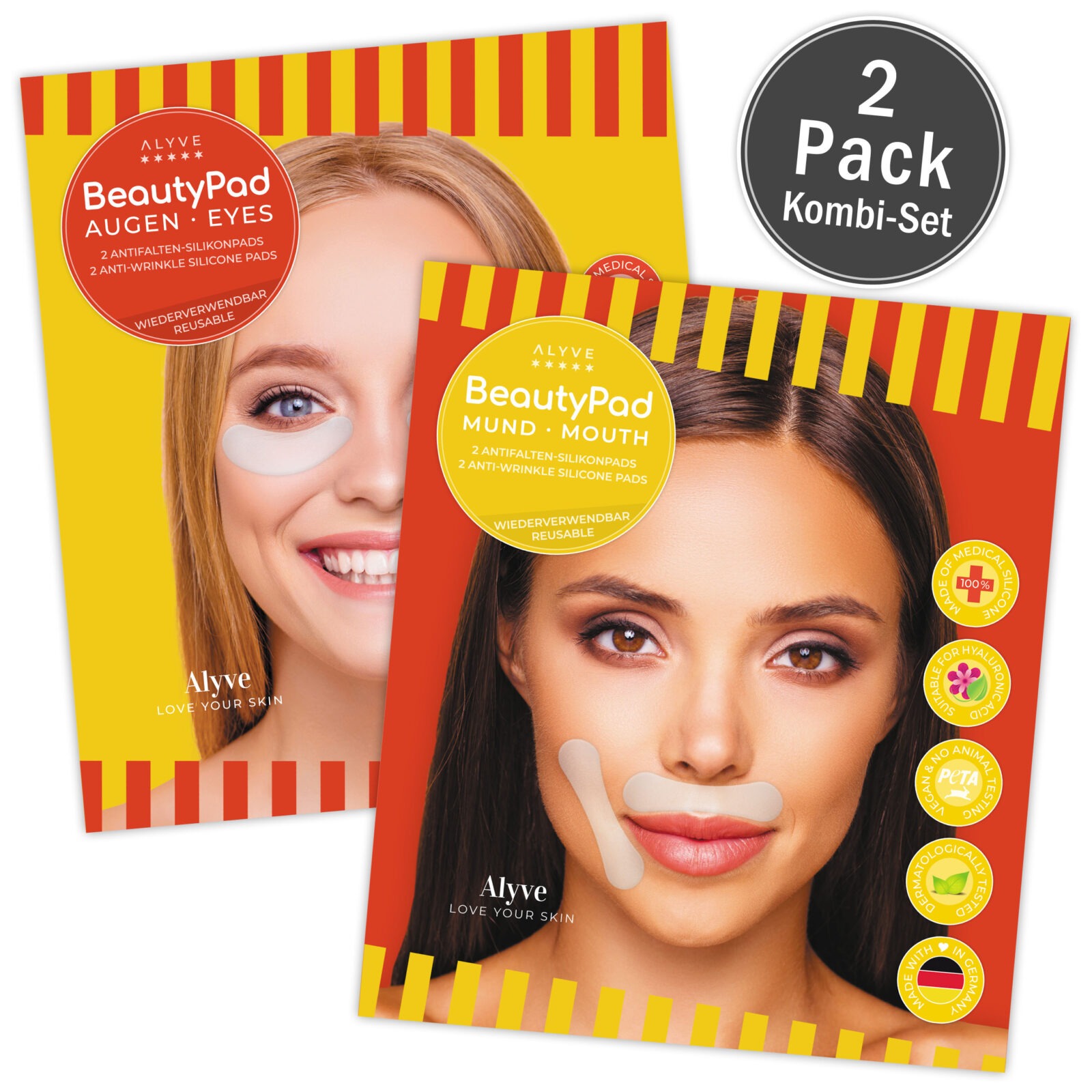 Alyve BeautyPad DYNAMIC DUO #4 | 2 Stück MUND + 1 Paar AUGEN Antifalten-Silikonpads im Kombi-Set